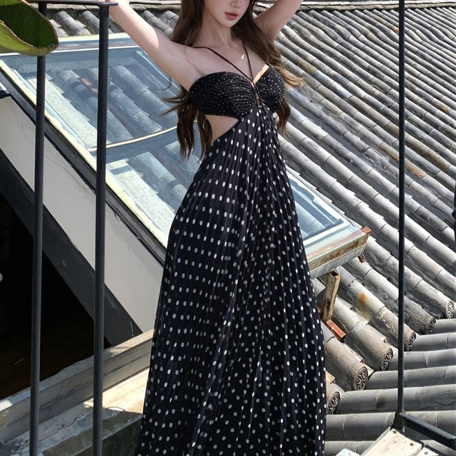 French Polka Dot Cutout Halter Neck Dress