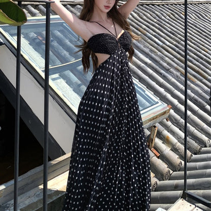 French Polka Dot Cutout Halter Neck Dress