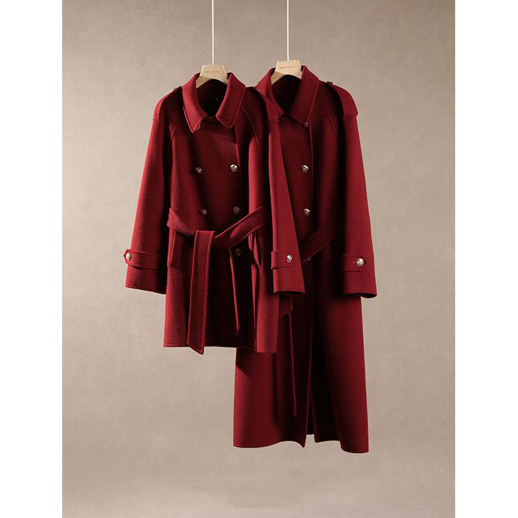 Retro Red Long Wool Coat With Gold Buttons