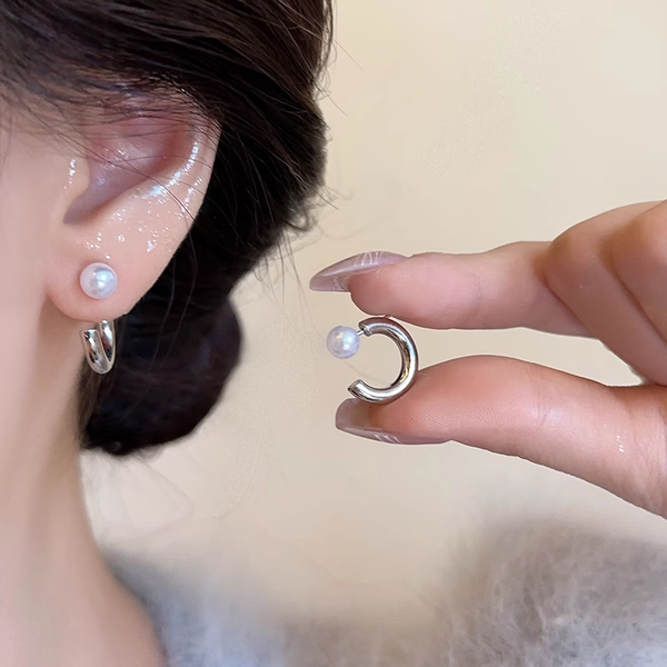 Pearl C-Shaped Plain Hoop One For Two Wears Earrings
