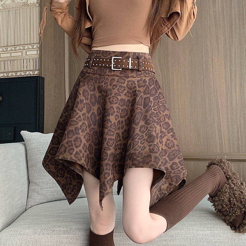 Vintage-Style Irregular Leopard-Print Skirt