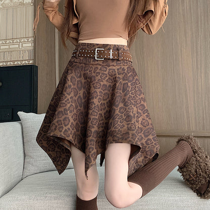 Vintage-Style Irregular Leopard-Print Skirt