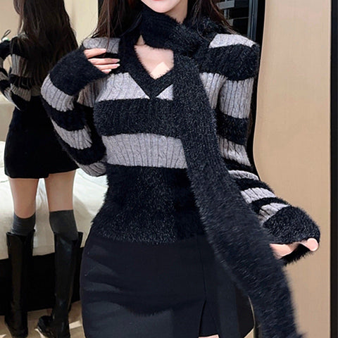 Mohair Striped V-Neck Knitted Sweater Scarf