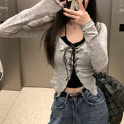 Long sleeve knitted sweater halter top short set