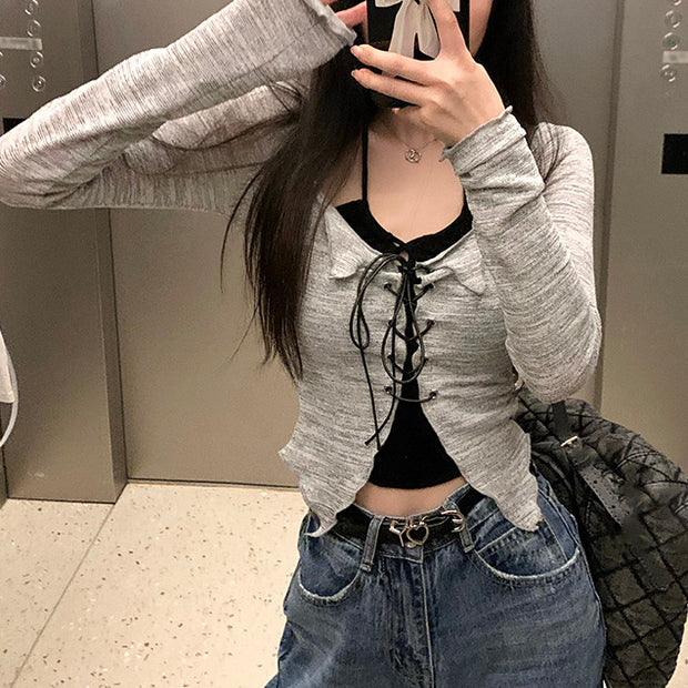 Long sleeve knitted sweater halter top short set