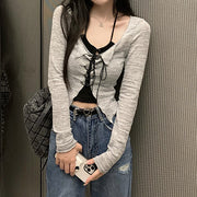 Long sleeve knitted sweater halter top short set