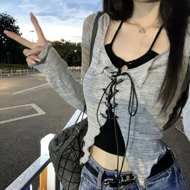 Long sleeve knitted sweater halter top short set