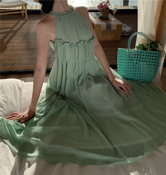 Stylish And Elegant Draped Textured Sleeveless Halterneck Holiday Dress