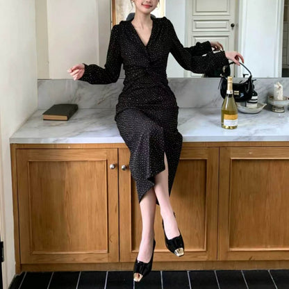 French V-Neck Rhinestone Dress