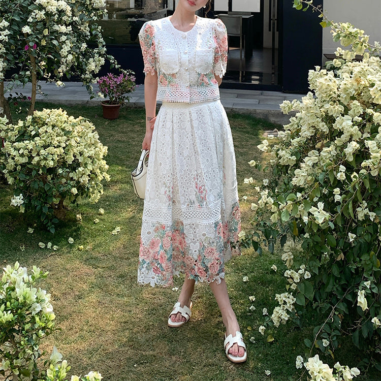 Lace Floral Puff Sleeve Skirt Set