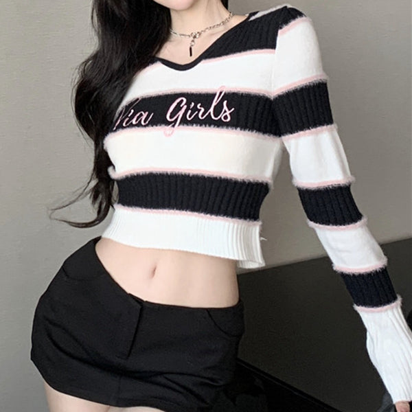 Embroidered Knitted Striped Sweater Long-Sleeved Top