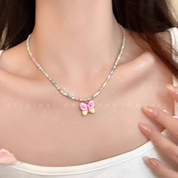 Colorful butterfly millet bead clavicle necklace