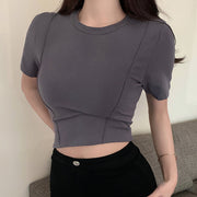 Irregular v neck front shoulder t-shirt cropped top