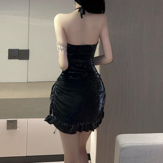 Black Cami Topless Hollow Ruffle Dress