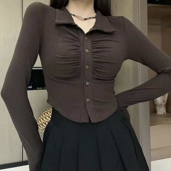 Polo Neck Sweater Pleated Long Sleeve Cardigan Top