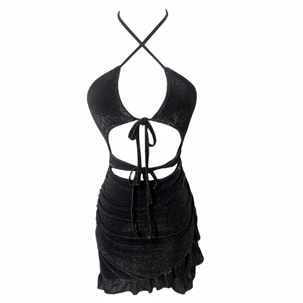 Black Cami Topless Hollow Ruffle Dress
