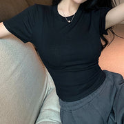 Irregular v neck front shoulder t-shirt cropped top