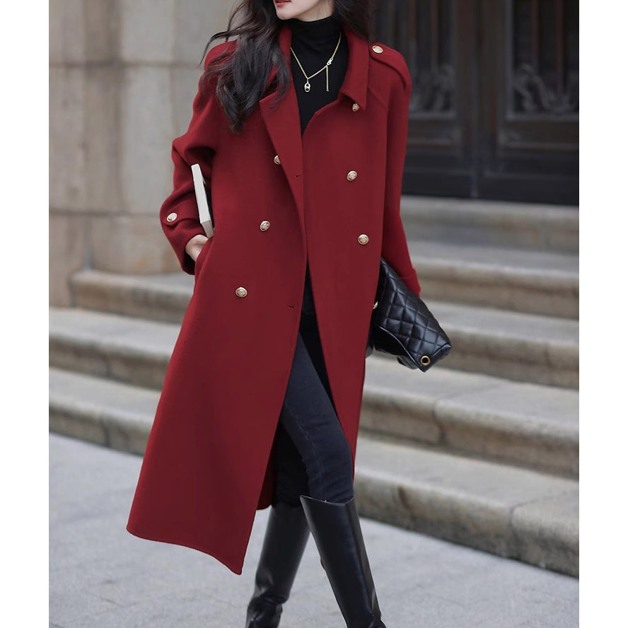 Retro Red Long Wool Coat With Gold Buttons