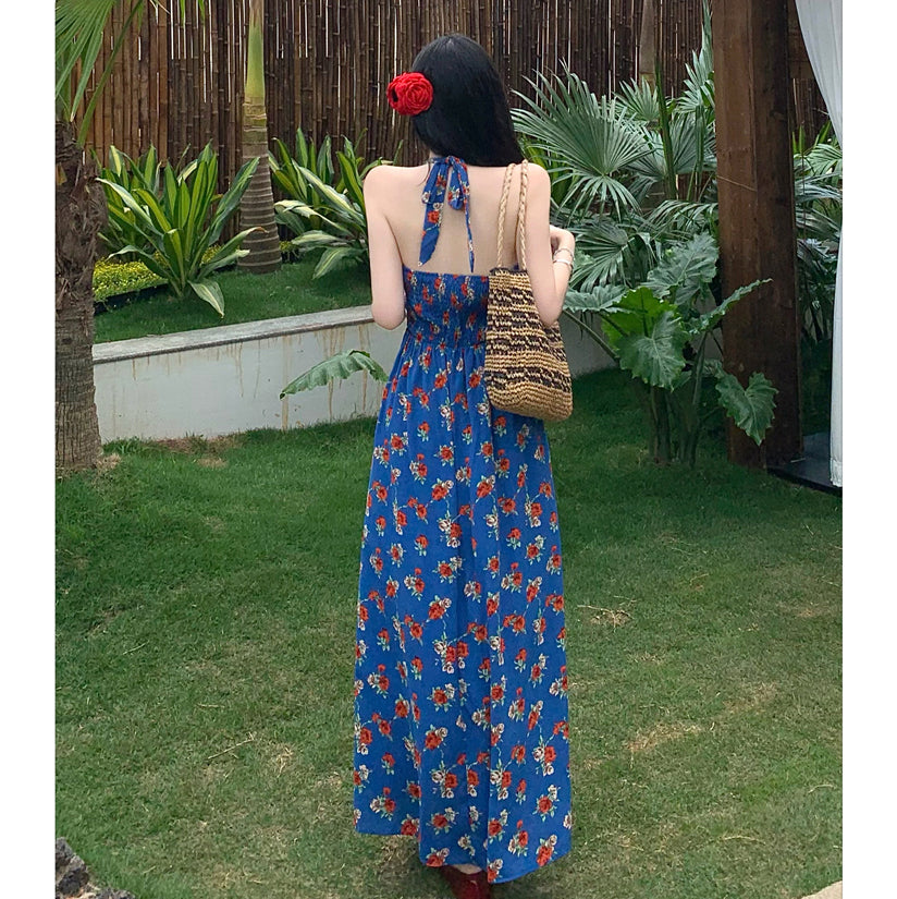 V-neck retro floral polka dot halter dress