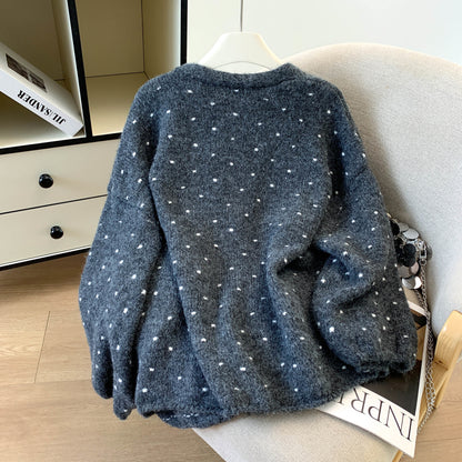 Loose-Fit Polka-Dot Knit Cardigan