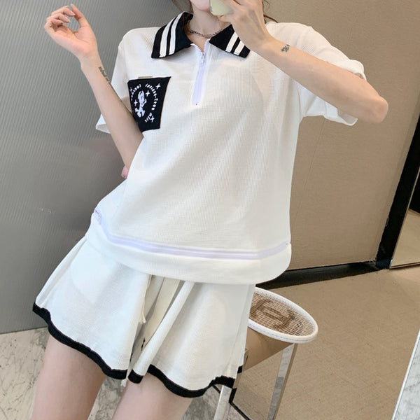 Sports Set Short-Sleeved Polo Collar Sweater Tie-Up Shorts