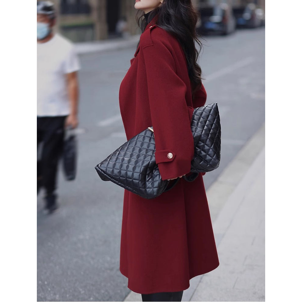 Retro Red Long Wool Coat With Gold Buttons