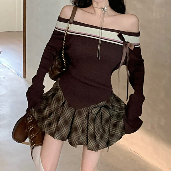 Bow Sweater Off Shoulder Knitted Top Plaid Pleated Skirt