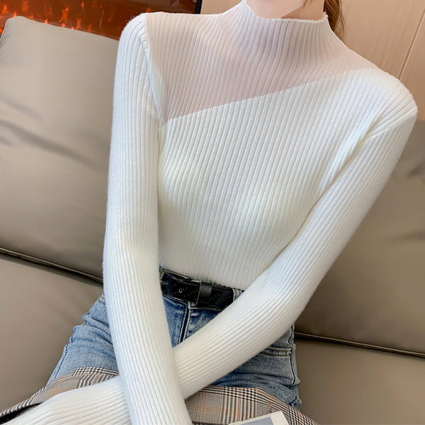 Hollow See-Through Mesh Collar Lace Knitted Inner Sweater