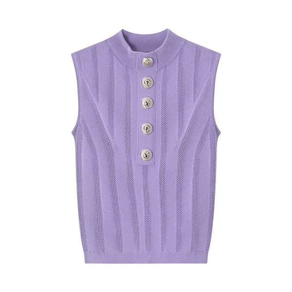 Half-High Collar Metal Buckle Knitted Camisole Top