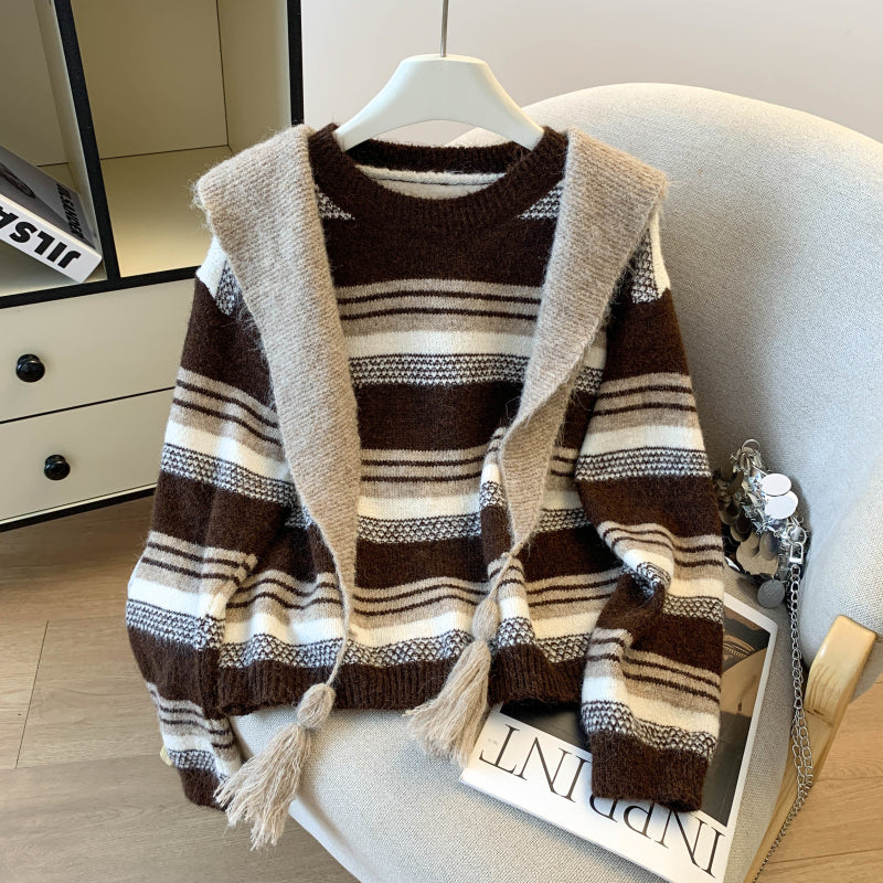 Stylish Striped Loose Knit Pullover (Shawl Included)