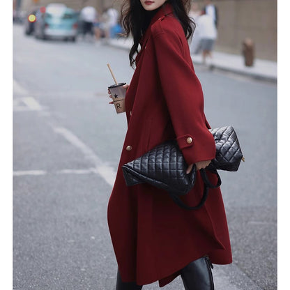 Retro Red Long Wool Coat With Gold Buttons