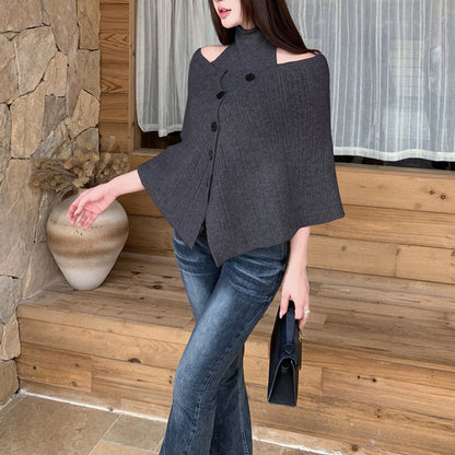Vintage-Style Asymmetric Side-Button Off-Shoulder Knit Cardigan