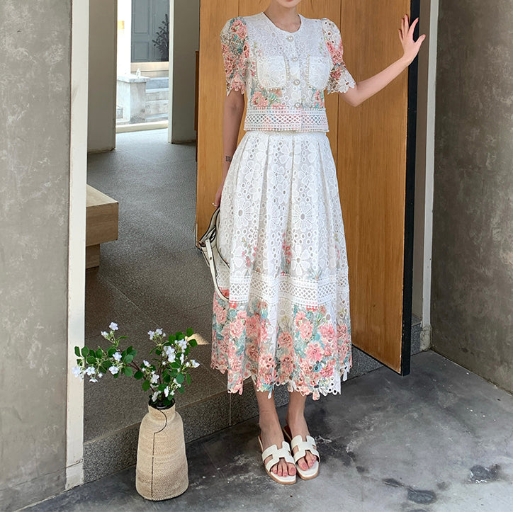 Lace Floral Puff Sleeve Skirt Set
