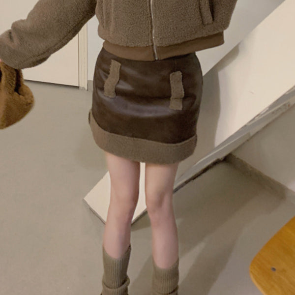 Rabbit Ear Set Quilted Fur Coat Leather Skirt