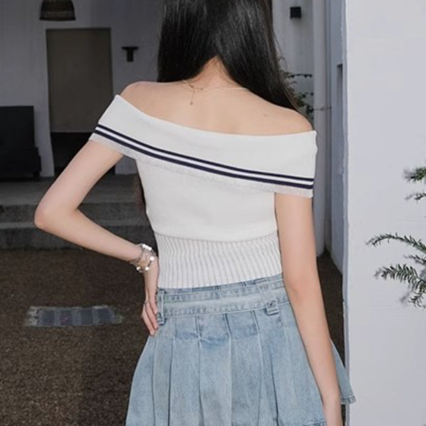 Bow Off-Shoulder Striped White Knit Top