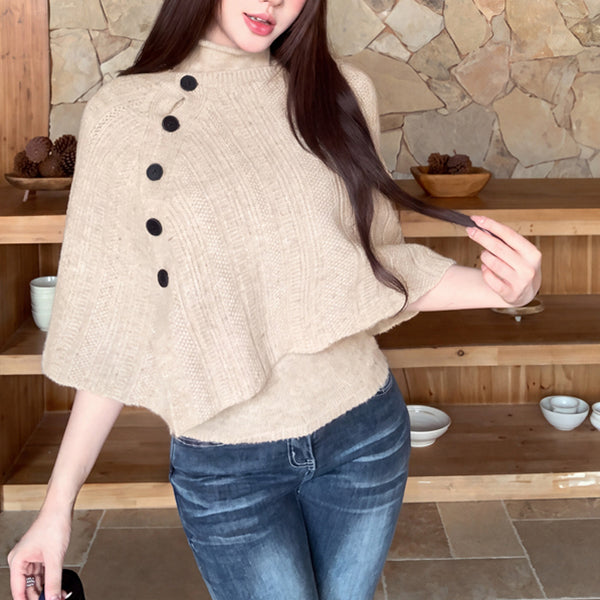 Vintage-Style Asymmetric Side-Button Off-Shoulder Knit Cardigan