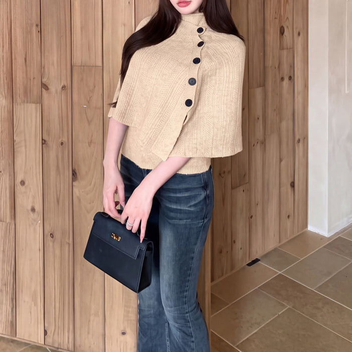 Vintage-Style Asymmetric Side-Button Off-Shoulder Knit Cardigan