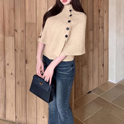 Vintage-Style Asymmetric Side-Button Off-Shoulder Knit Cardigan