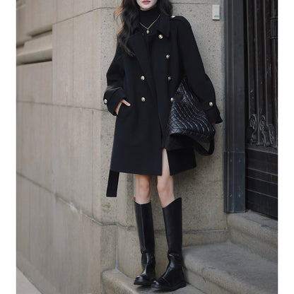 Retro Red Long Wool Coat With Gold Buttons
