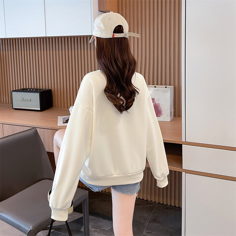 Loose-Fitting Op Collar Patchwork Plus Size Long-Sleeved Sweatshirt