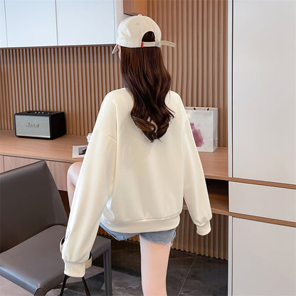 Loose-Fitting Op Collar Patchwork Plus Size Long-Sleeved Sweatshirt