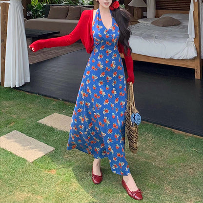 V-neck retro floral polka dot halter dress