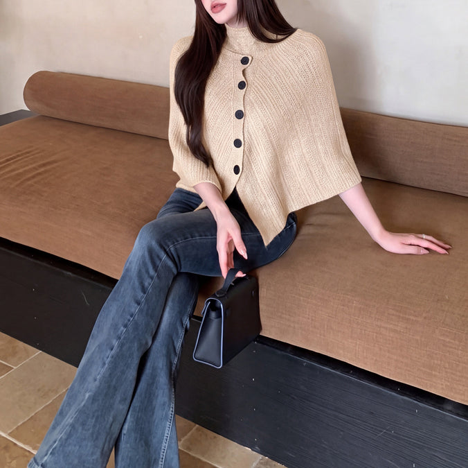 Vintage-Style Asymmetric Side-Button Off-Shoulder Knit Cardigan