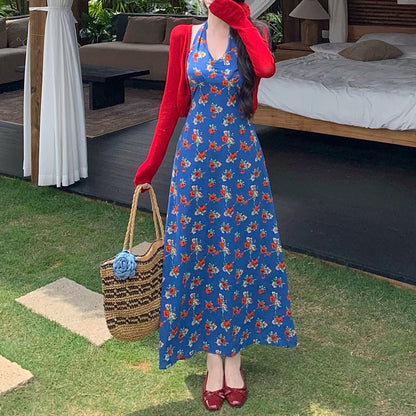 V-neck retro floral polka dot halter dress