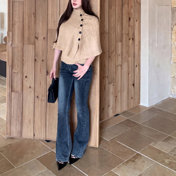 Vintage-Style Asymmetric Side-Button Off-Shoulder Knit Cardigan