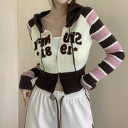 Retro Contrast Striped Double Zip Hooded Cardigan Sweater