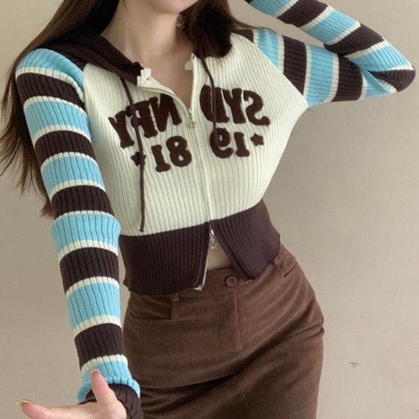 Retro Contrast Striped Double Zip Hooded Cardigan Sweater
