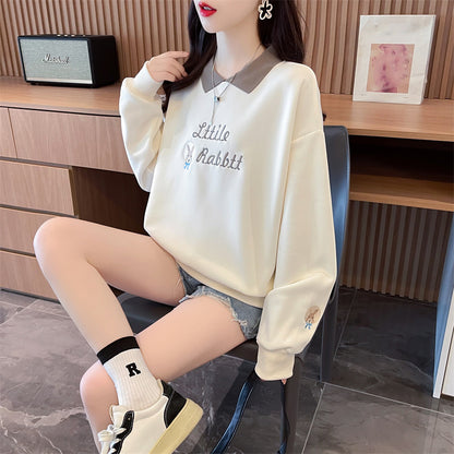 Loose-Fitting Op Collar Patchwork Plus Size Long-Sleeved Sweatshirt