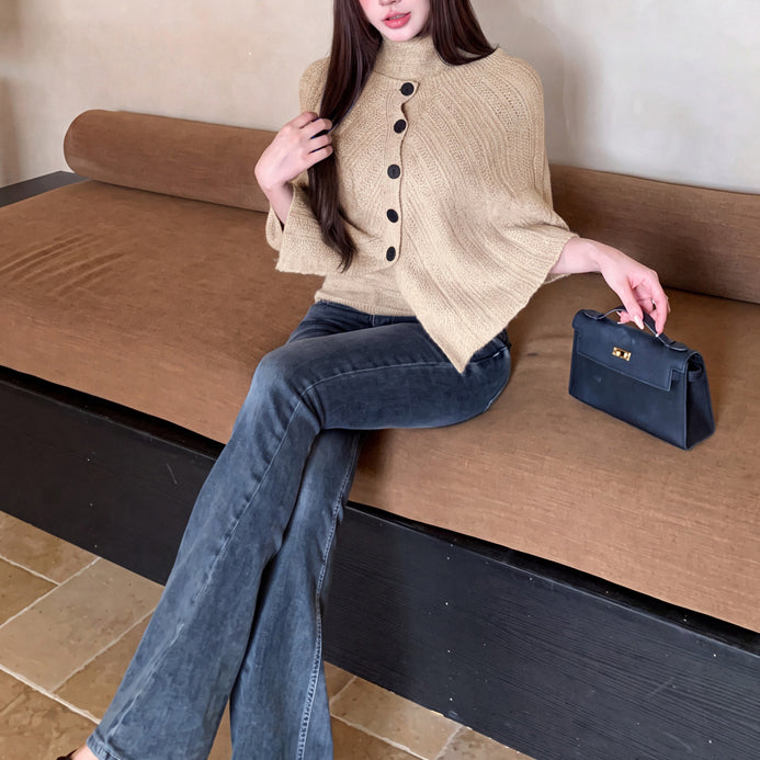 Vintage-Style Asymmetric Side-Button Off-Shoulder Knit Cardigan