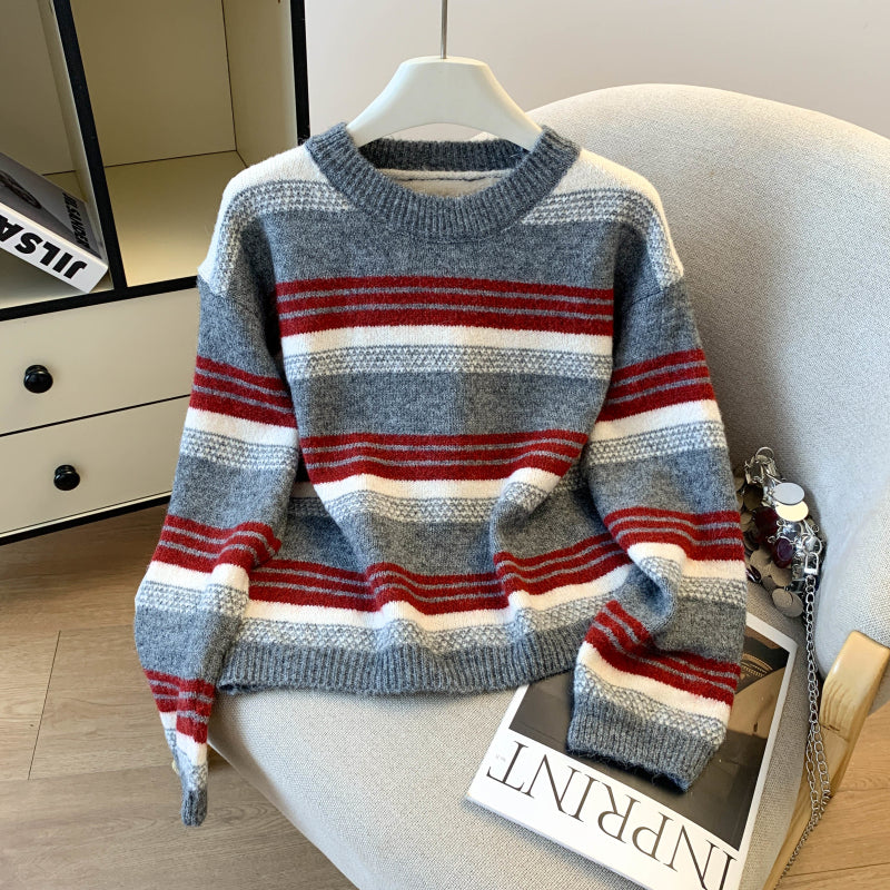 Stylish Striped Loose Knit Pullover (Shawl Included)